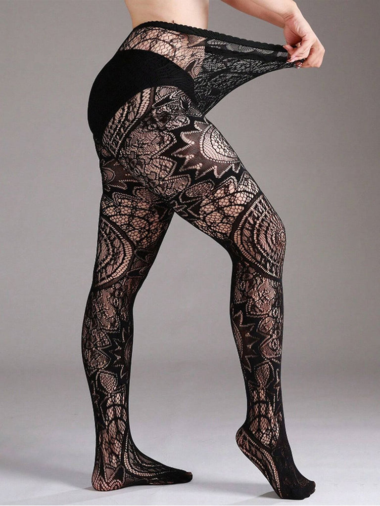 Halloween Gothic Lace Floral Pattern Sheer Tights - vintage fashion, retro style