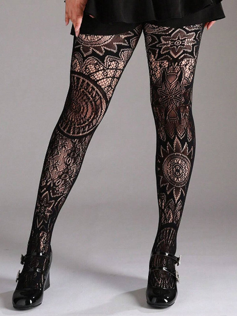 Halloween Gothic Lace Floral Pattern Sheer Tights - vintage fashion, retro style