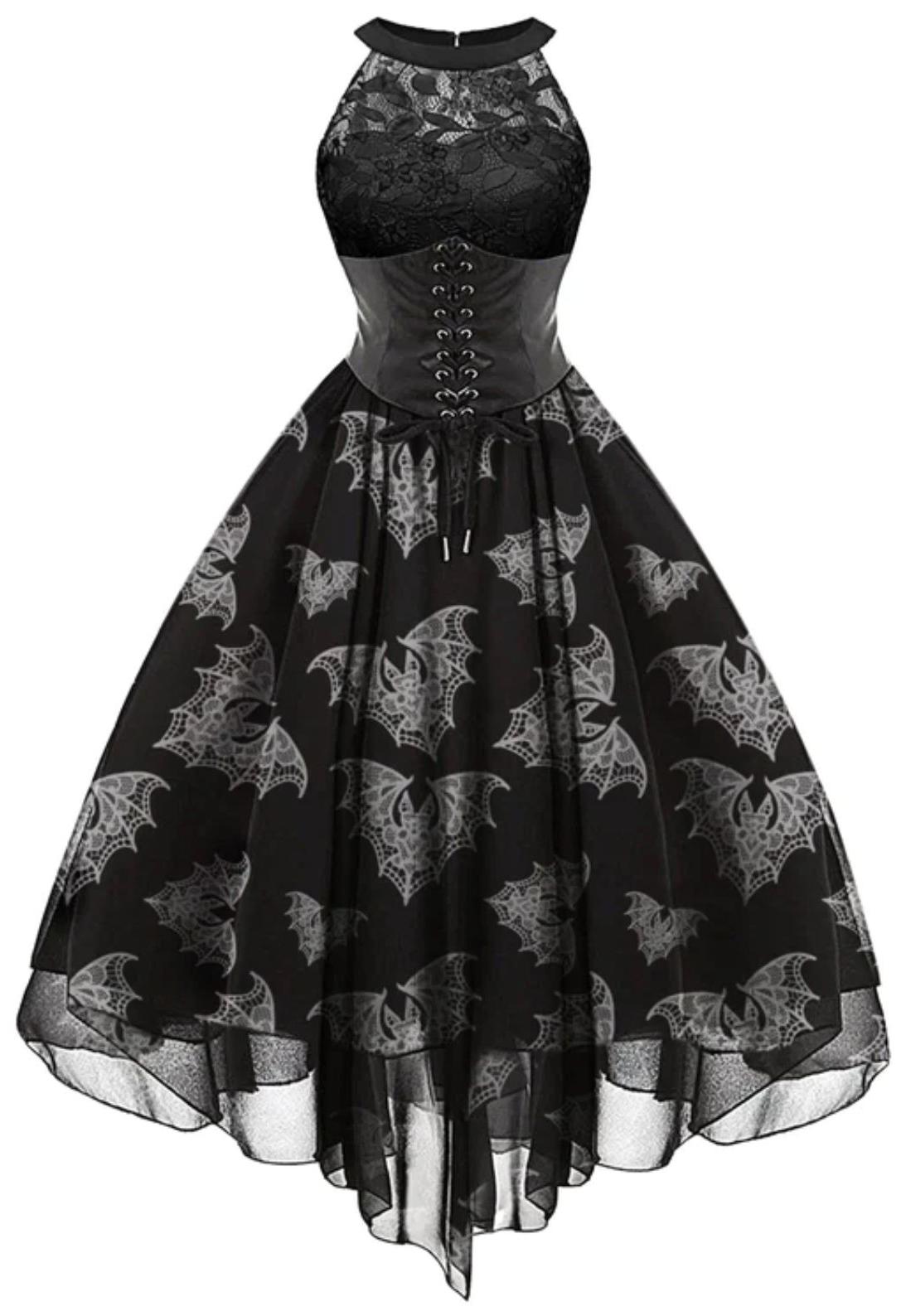Halloween Bat Print Steampunk Lace Dress Black/M