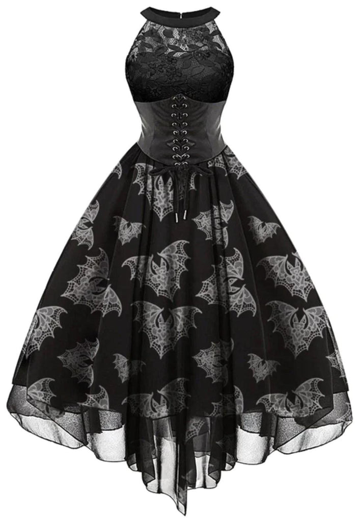 Halloween Gothic Bat Print Steampunk Lace Dress Black Halloween Gothic Bat Print Steampunk Lace Dress Black