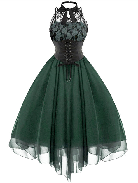 lace panel cross back gothic corset dress Gothic Ruffled Lace-up Corset Dress Suit, A