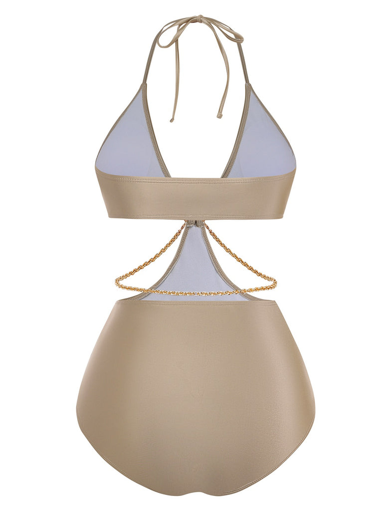 Halter cutout one-piece swimsuit back view revealing elegant design details for poolside glamour