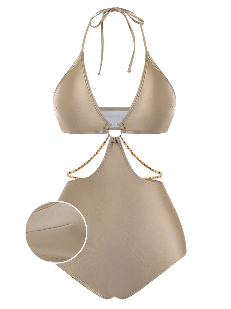 Halter cutout one-piece swimsuit front view featuring stylish design for beach and pool wear