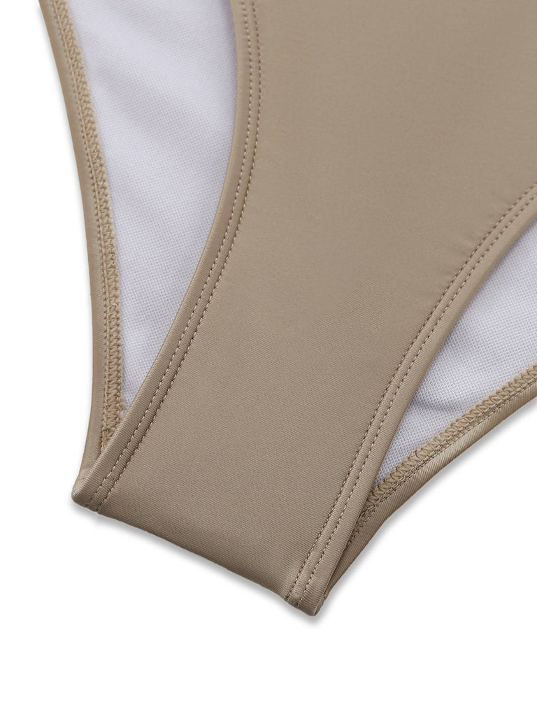 Halter cutout one-piece swimsuit gusset detail showcasing quality construction and comfortable fit for swimming