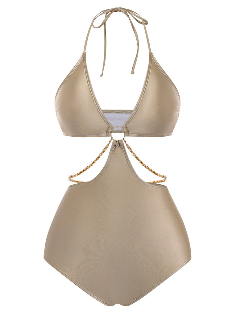 Halter cutout swimsuit front view displaying flattering silhouette perfect for summer swimming and sunbathing