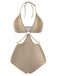 Halter cutout swimsuit front view displaying flattering silhouette perfect for summer swimming and sunbathing