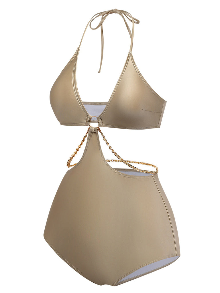 Halter cutout swimsuit side view showcasing flattering profile and stylish design for beach vacation