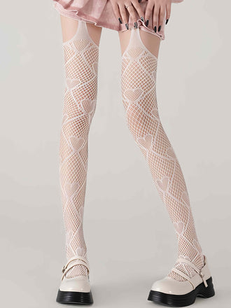 Heart Pattern Thigh High Fishnet Stockings - vintage fashion, retro style