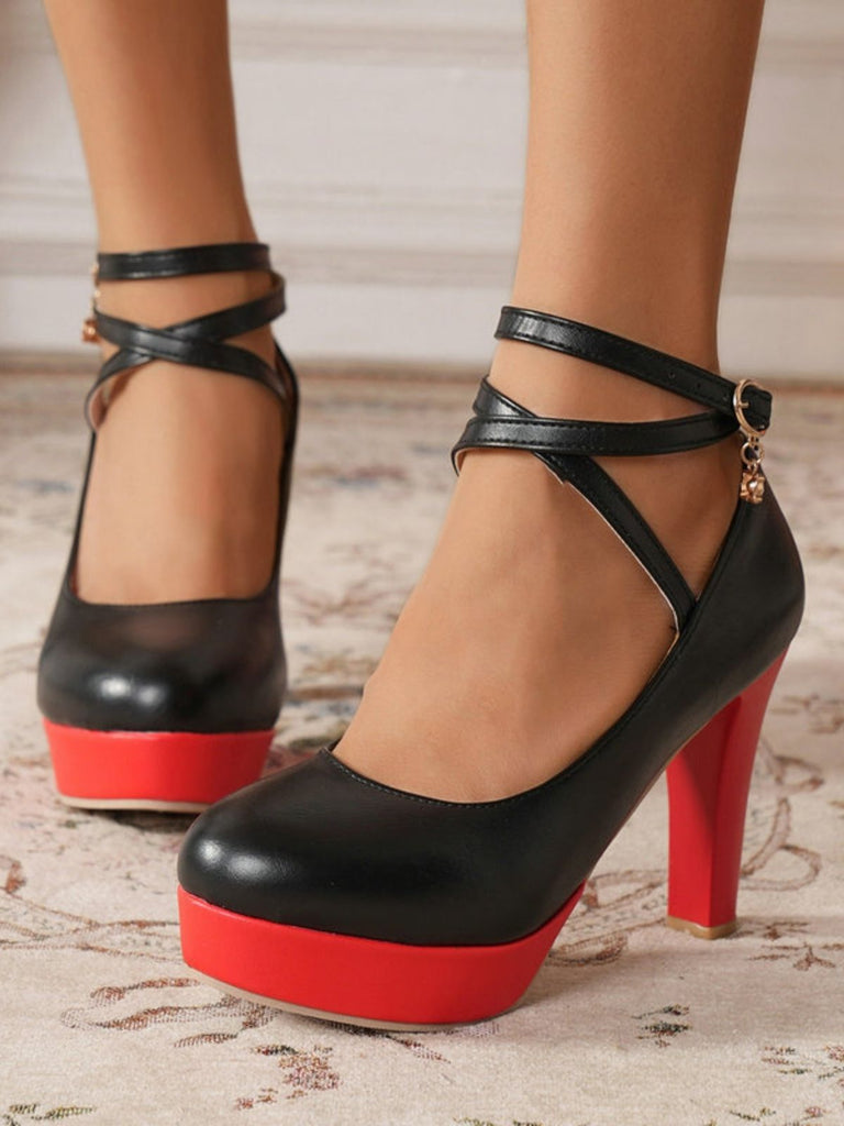 Mary Jane Color Block Round Toe Strap Chunky High Heels - vintage shoes, retro heels