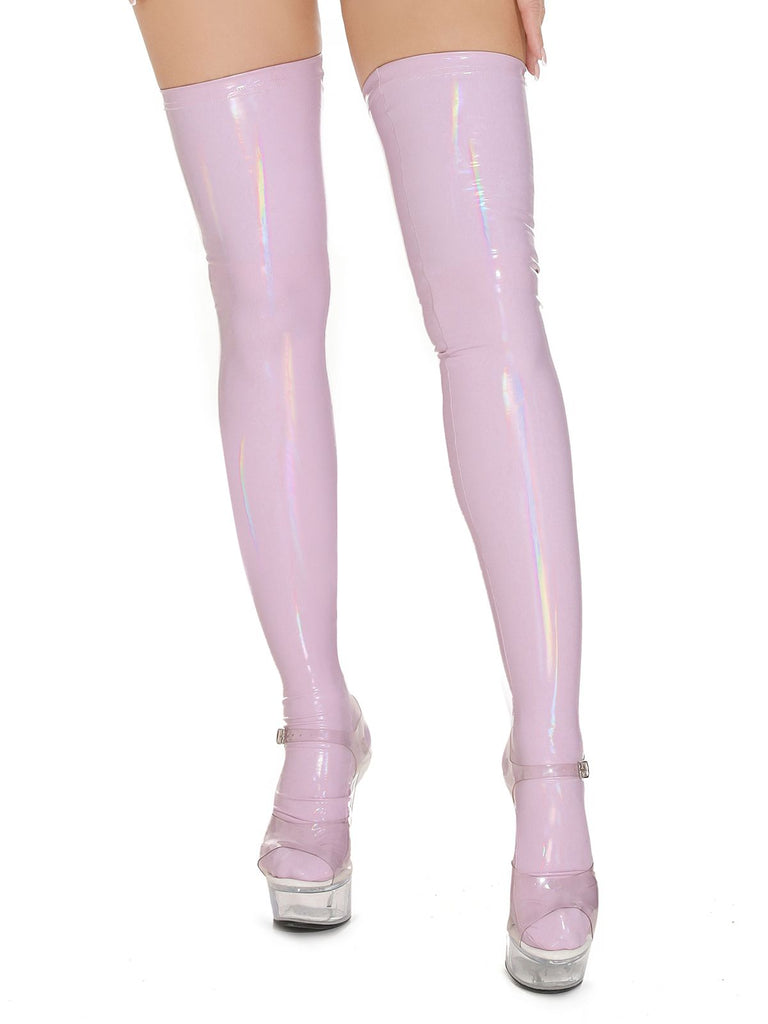 This High-Shine Leather Thigh High Stockings whispers vintage secrets to those who notice