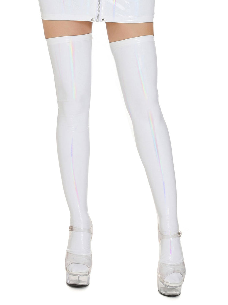 She finds her vintage story in this High-Shine Leather Thigh High Stockings