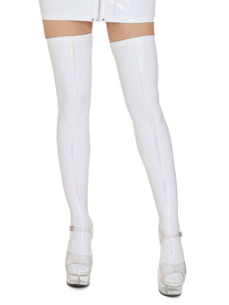 She finds her vintage story in this High-Shine Leather Thigh High Stockings