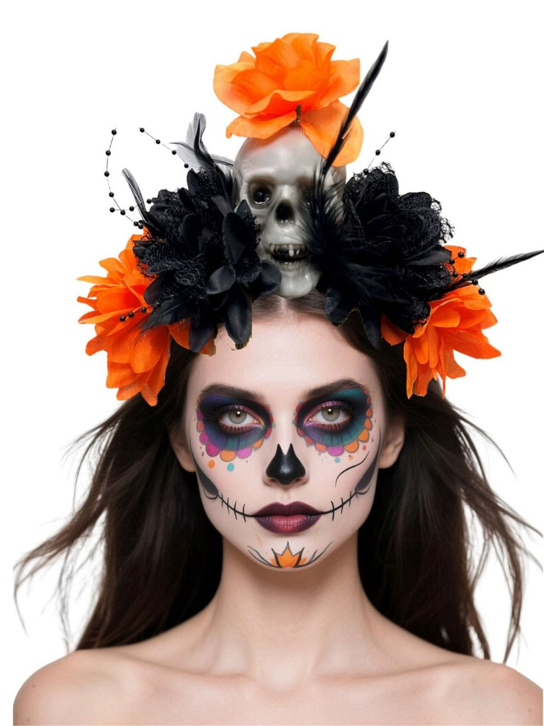 Dark Horror Skull Feather 3D Flowers Headband - vintage fashion, retro style