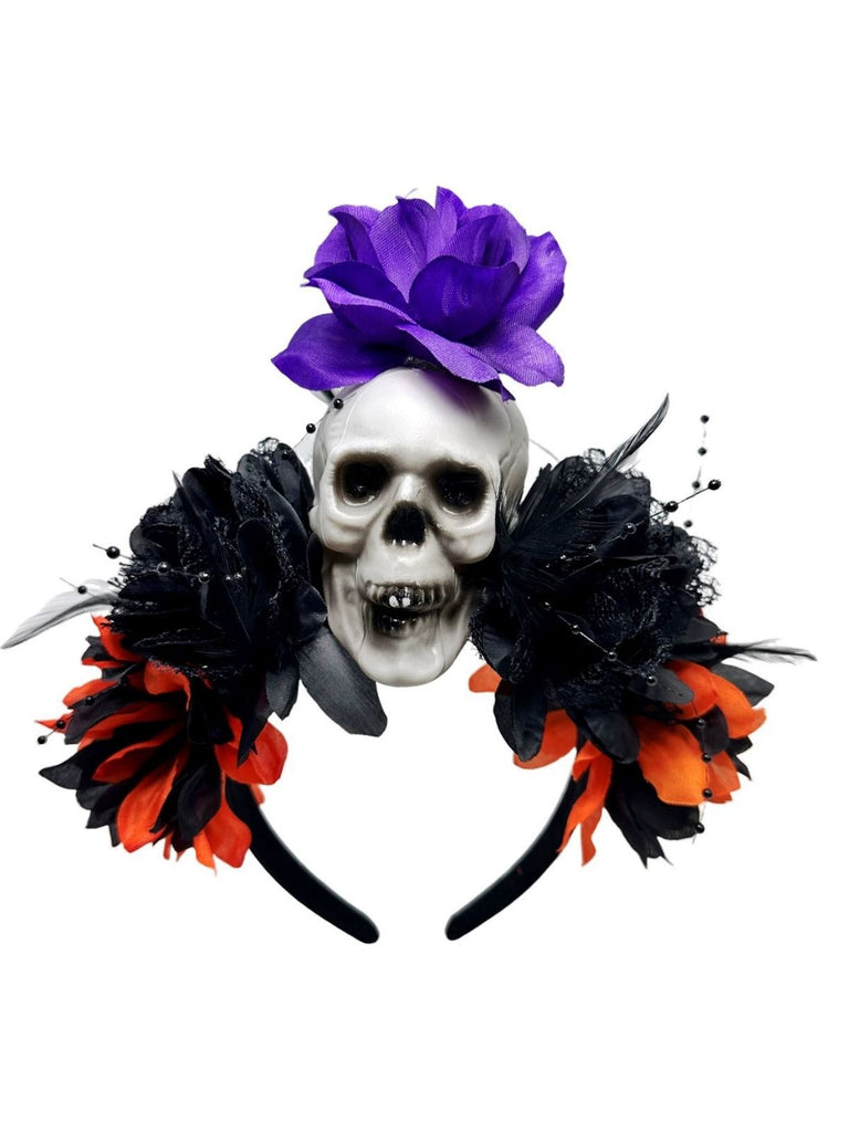 Dark Horror Skull Feather 3D Flowers Headband - vintage fashion, retro style