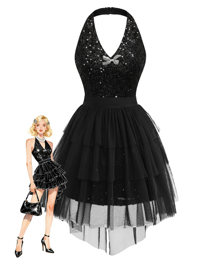 [Pre-Sale] 2PCS Black 1960s Sequin Halter Dress & Mesh Skirt