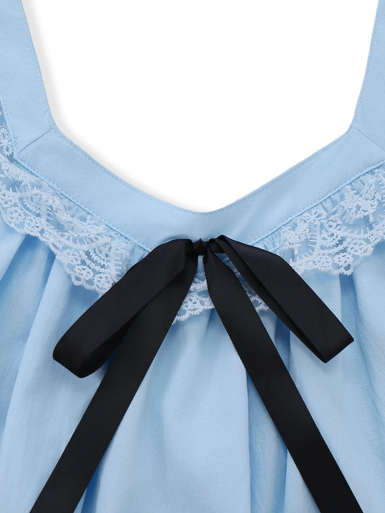 1960s Solid Bow Backless Lace Babydoll Dress