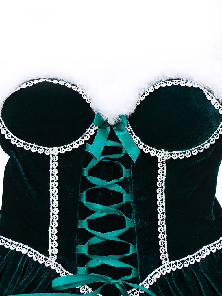 Green 1960s Velvet Fringe Strapless Mini Dress
