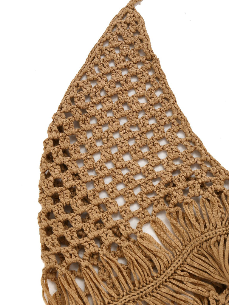 1960s Crochet Fringe Cutout Halter Bikini Cover-Up