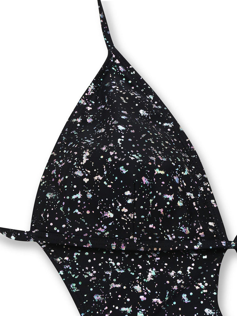 Black 1980s Reflective One-Piece Swimsuit