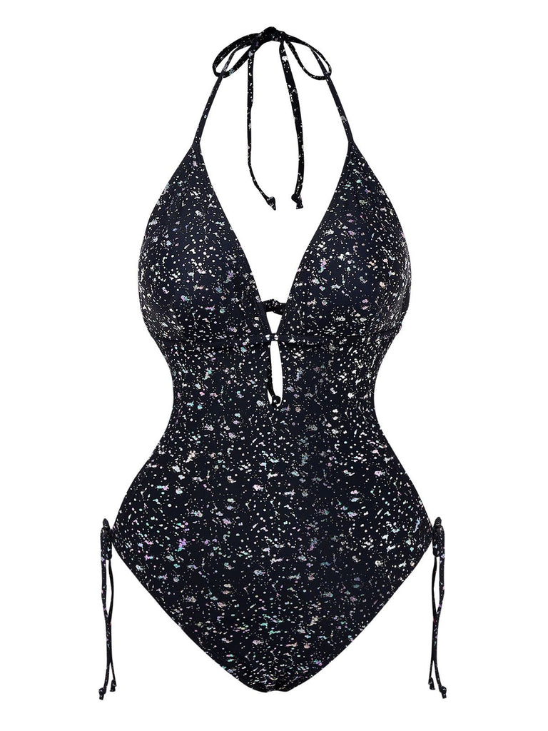 Black 1980s Reflective One-Piece Swimsuit
