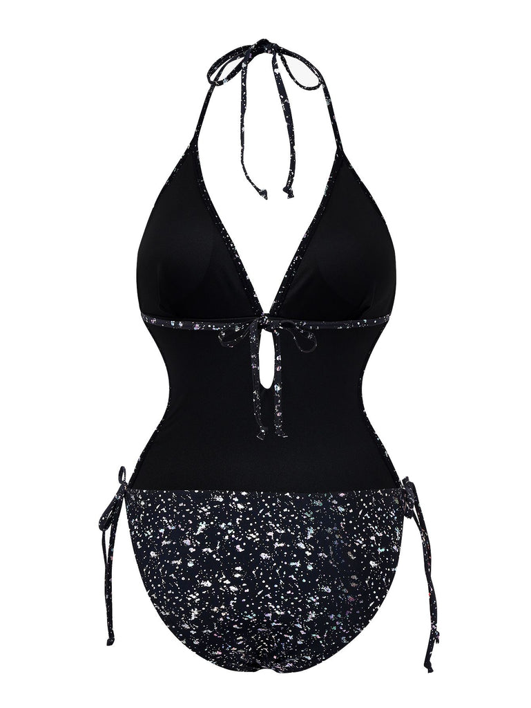 Black 1980s Reflective One-Piece Swimsuit