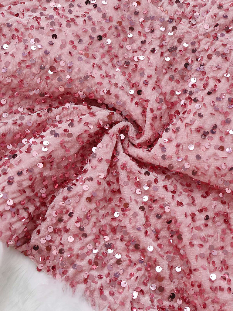 Pink 1960s Christmas Fur Sequin Strapless Dress