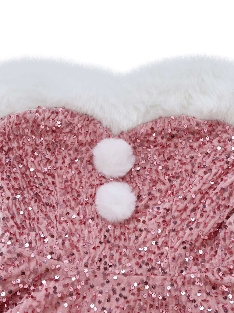 Pink 1960s Christmas Fur Sequin Strapless Dress
