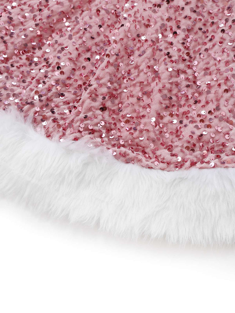 Pink 1960s Christmas Fur Sequin Strapless Dress