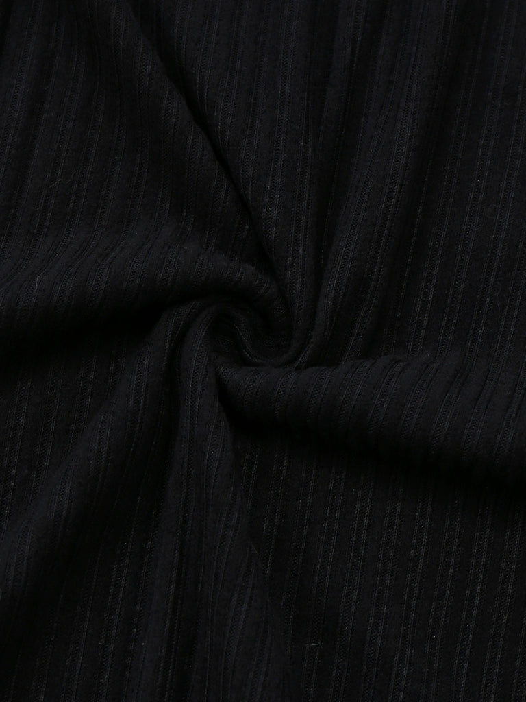 Black 1940s Leopard Faux Fur Trim Ribbed Knit Dress