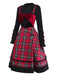 [Pre-Sale] 2PCS 1950s Velvet Bow Turtleneck Knitted Top & Plaid Dress