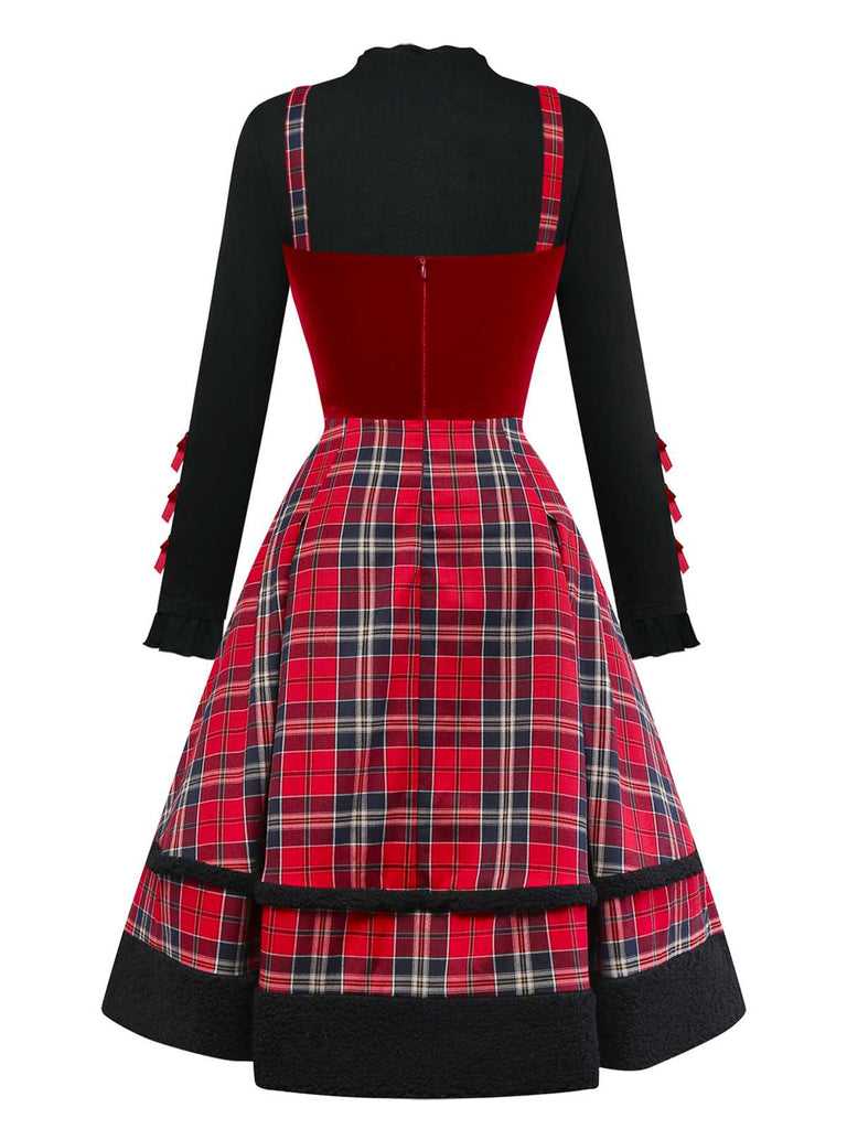 [Pre-Sale] 2PCS 1950s Velvet Bow Turtleneck Knitted Top & Plaid Dress