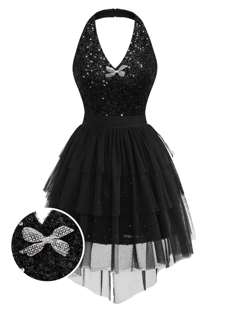 [Pre-Sale] 2PCS Black 1960s Sequin Halter Dress & Mesh Skirt