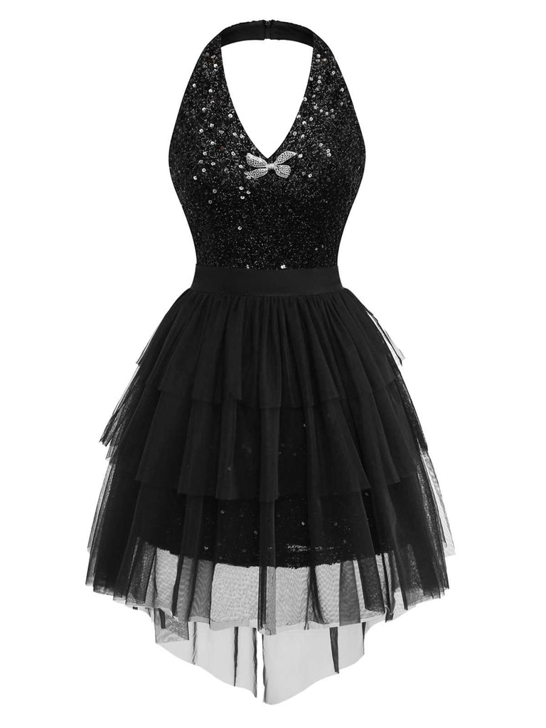 [Pre-Sale] 2PCS Black 1960s Sequin Halter Dress & Mesh Skirt