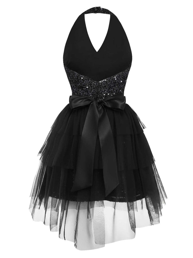 [Pre-Sale] 2PCS Black 1960s Sequin Halter Dress & Mesh Skirt