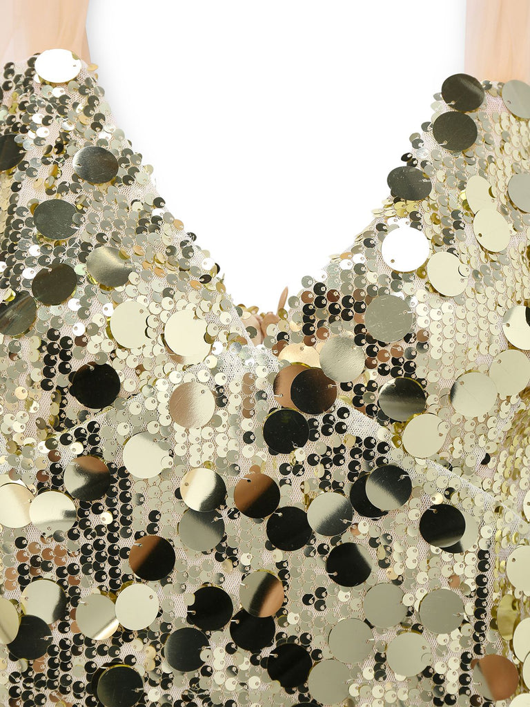 1980s Deep V-Neck Mesh Sequined Lace-Up Dress