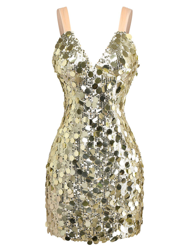 1980s Deep V-Neck Mesh Sequined Lace-Up Dress
