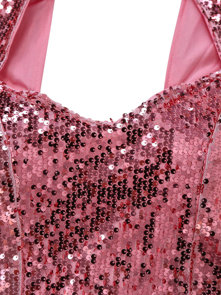 Pink 1920s Sequin Cap-Sleeve High Slit Maxi Dress