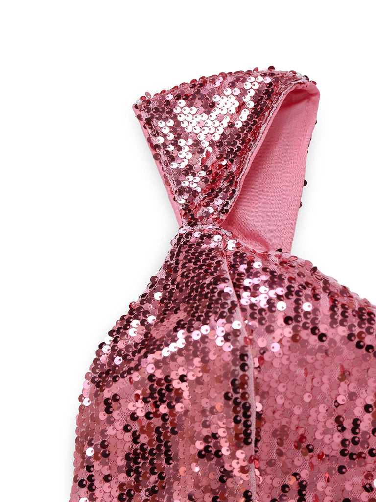Pink 1920s Sequin Cap-Sleeve High Slit Maxi Dress