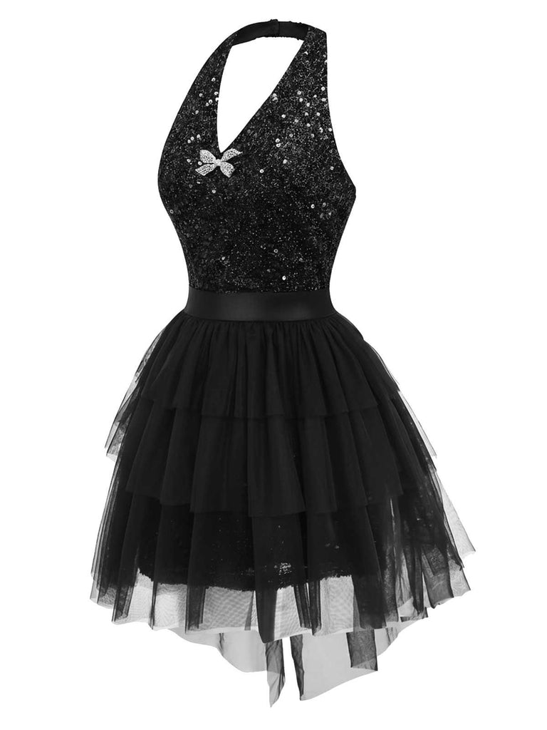 [Pre-Sale] 2PCS Black 1960s Sequin Halter Dress & Mesh Skirt