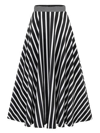 Black & White 1930s Striped High Rise Long Skirt