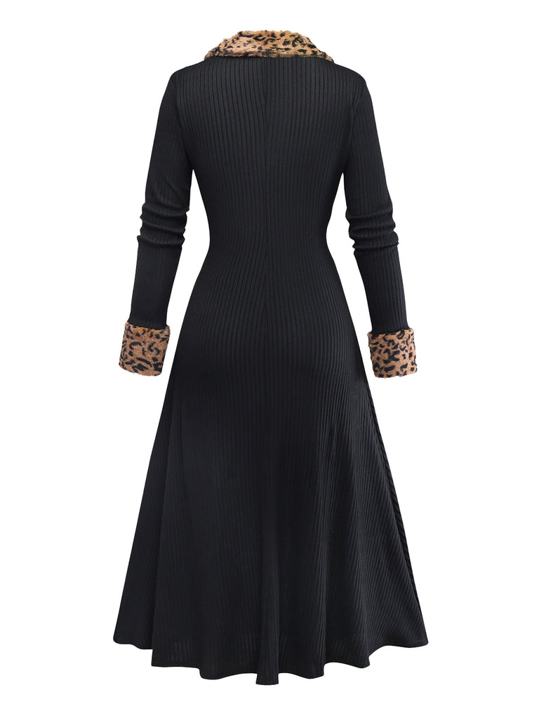 Black 1940s Leopard Faux Fur Trim Ribbed Knit Dress
