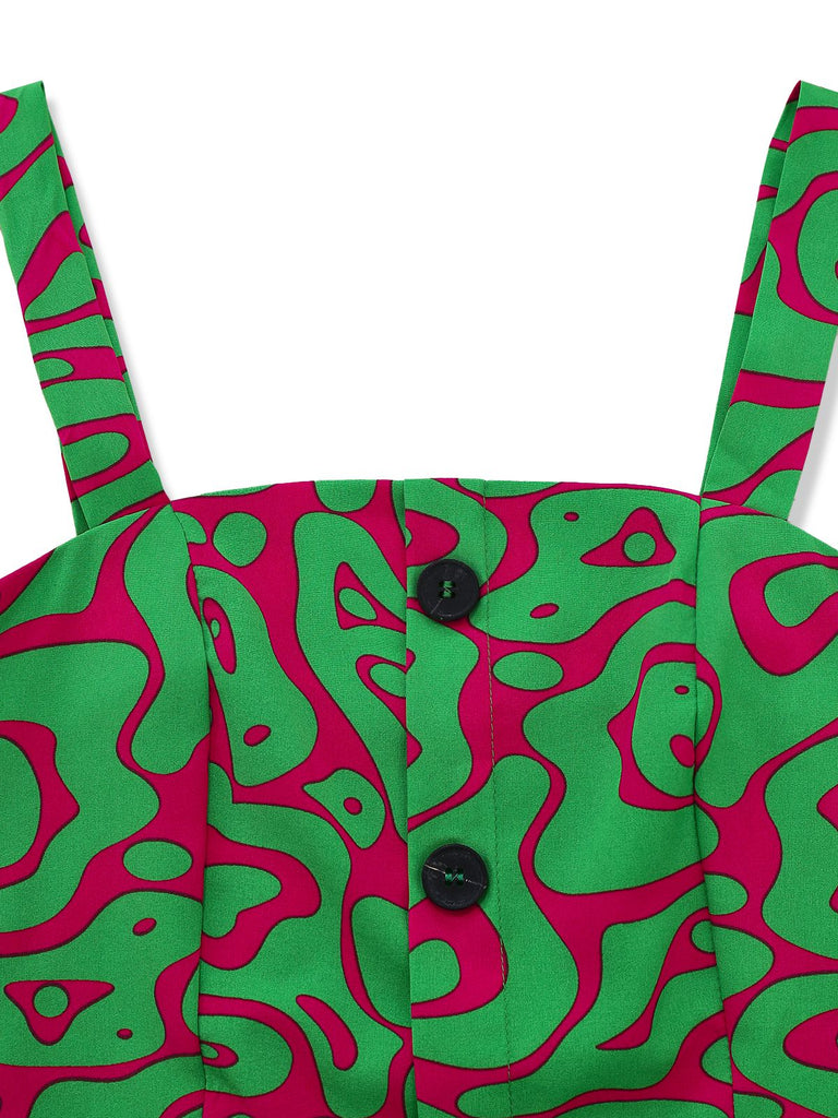 2PCS Green 1970s Button Abstract Print Cropped Top & Shorts