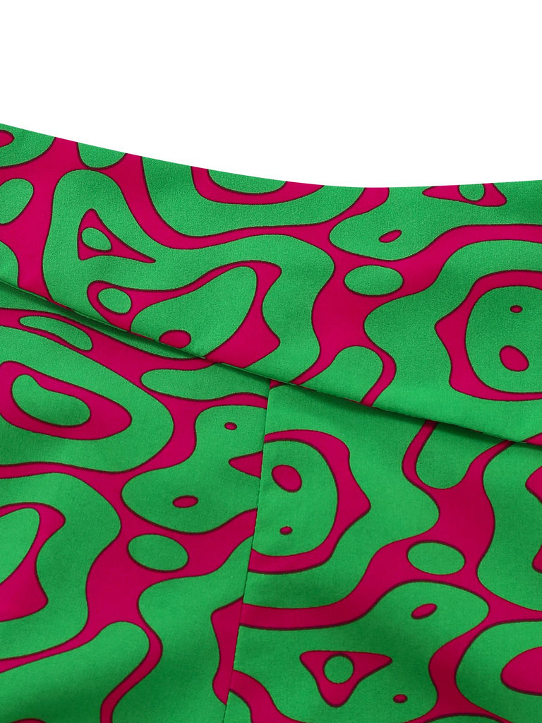 2PCS Green 1970s Button Abstract Print Cropped Top & Shorts