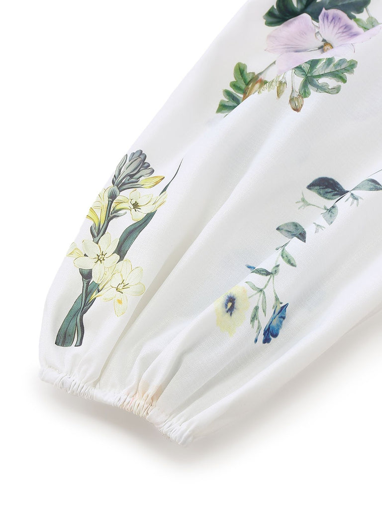 2PCS White 1960s Linen Floral Blouse & Shorts