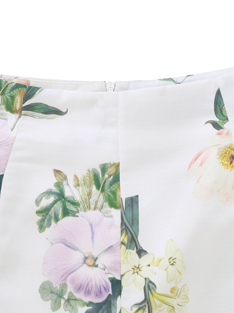 2PCS White 1960s Linen Floral Blouse & Shorts