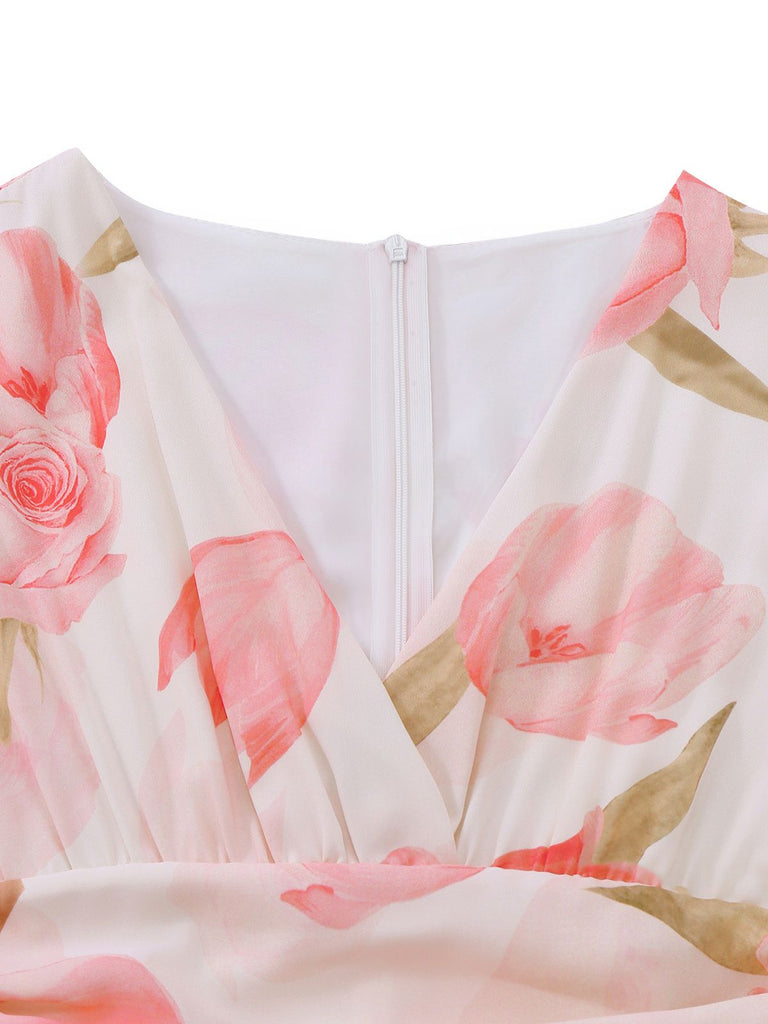 Pink 1950s Floral Print V-neck Puff-Sleeve Maxi Dress