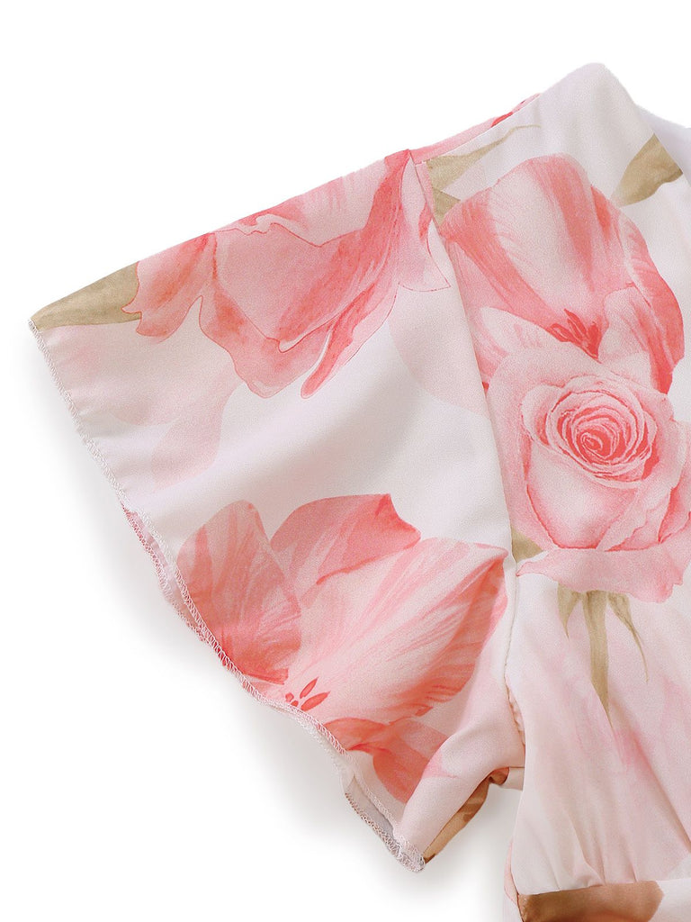 Pink 1950s Floral Print V-neck Puff-Sleeve Maxi Dress