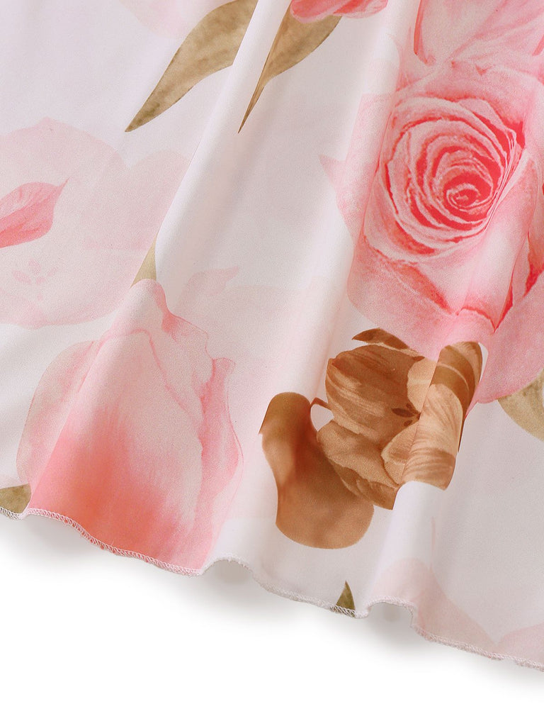 Pink 1950s Floral Print V-neck Puff-Sleeve Maxi Dress