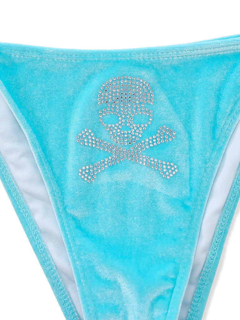 Blue 1980s Velvet Rhinestone Skull Print Bikini Set