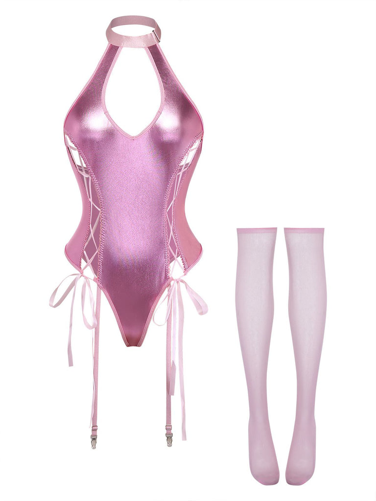 1980s Patent Leather Halter Lace-Up Bodysuit Lingerie Set